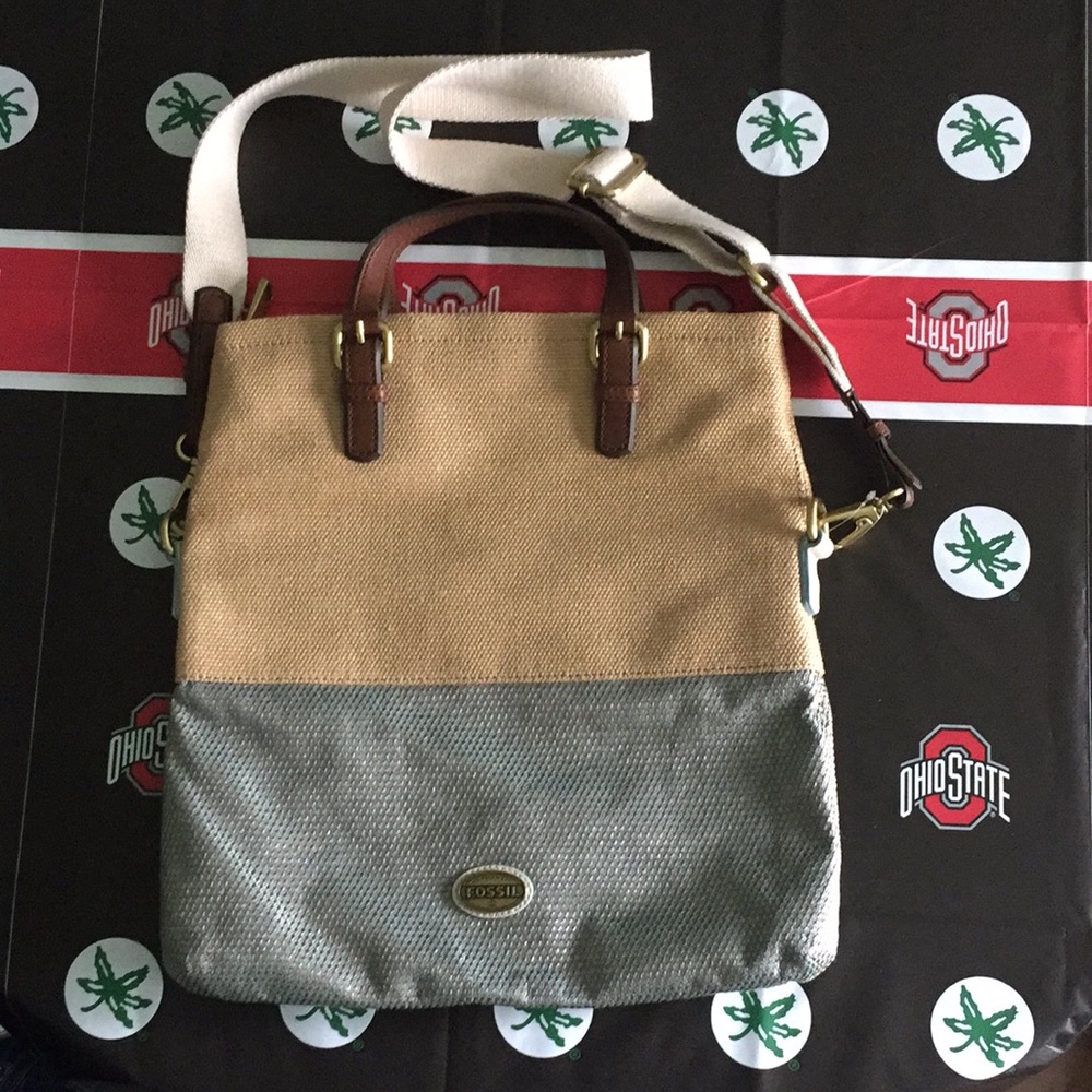 FOSSIL Explorer Tote Canvas Woven Straw Crossbody and Wallet Set Tan Blue